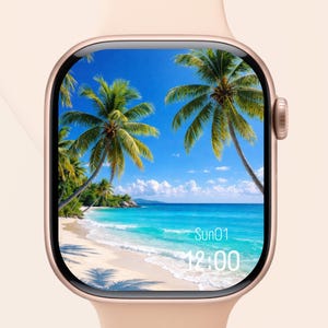 May include: A rose gold smartwatch with a tropical beach scene displayed on the screen. The screen shows a blue sky, turquoise water, white sand, and palm trees. The time is 12:00, and the date is Sun01.