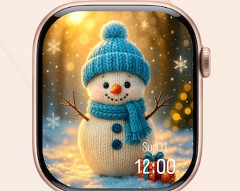 Fondo de pantalla de Apple Watch con muñeco de nieve tejido a mano / Esfera de reloj para vacaciones de invierno (Descarga digital)