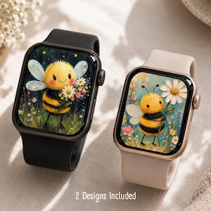 Handmålade Apple Watch-urtavlor med honungsbi, blommiga vårmönster (digital nedladdning)