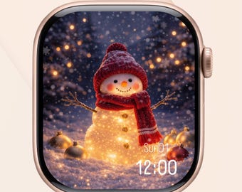 Fondo de pantalla de Apple Watch con muñeco de nieve navideño / Esfera festiva de invierno para reloj / Descarga digital navideña adorable / Fondo de Apple Watch