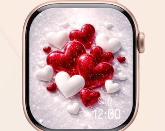 Romantic Heart Apple Watch Wallpaper, Sparkly Red and White Love Watch Face Digital Download
