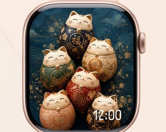 Papier peint Maneki Neko pour Apple Watch, cadran de montre intelligente japonaise porte-bonheur (téléchargement numérique)