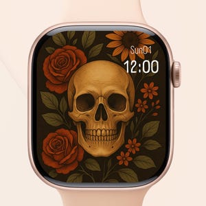 Puede incluir: Un reloj inteligente de oro rosa con un diseño de calavera y flores en la pantalla. La esfera del reloj presenta una calavera detallada rodeada de rosas rojas, flores naranjas y hojas verdes. La hora mostrada es 12:00, con la fecha Dom01.