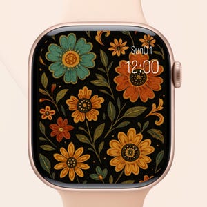 レトロな花柄のApple Watchの文字盤 – 秋の美的デジタル壁紙 – 女性向けボヘミアン風ヴィンテージウォッチの背景 – すぐにダウンロード