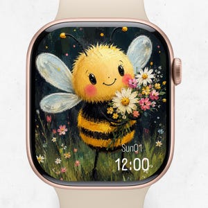 May include: A smartwatch with a light-coloured strap and a rose gold casing displaying a digital watch face. The screen features an oil painting style illustration of a yellow and black bee holding a bouquet of colourful wildflowers, with the text Sun01 12:00.