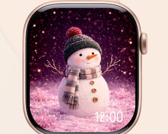Fondo de pantalla de muñeco de nieve para Apple Watch, esfera de reloj navideña de invierno, descarga digital de muñeco de nieve acogedor, lindo fondo navideño para Apple Watch