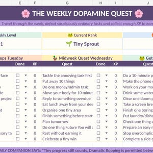 May include: A digital spreadsheet titled The Weekly Dopamine Quest with a purple header and floral icons. It features columns for daily tasks from Monday to Friday, including checkboxes for completion, XP tracking, and a status bar for current rank.