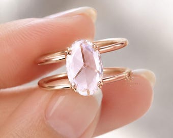 Pink Oval Solitaire Ring in 9K 14K 18K Gold | Split Shank Minimal Ring | Dainty Promise Gift for Her | Daily Wear