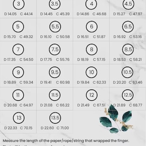 May include: Ring size chart with diameter and circumference measurements in inches and millimeters. Includes sizes from 3 to 13.5, with instructions on how to measure your finger for the correct ring size. Text reads "Find Your Ring Size".