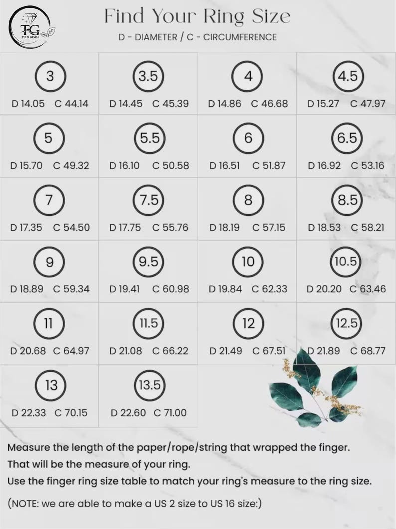 May include: Ring size chart with diameter and circumference measurements in inches and millimeters. Includes sizes from 3 to 13.5, with instructions on how to measure your finger for the correct ring size. Text reads "Find Your Ring Size".