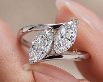 3 CTW Double Marquise Lab Diamond Ring in Gold | Open Bypass Toi Et Moi Ring | Engagement Gift for Her | Daily Wear