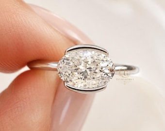 East West Oval Diamond Ring in 9K 14K 18K Gold | Bezel Solitaire Band | Minimalist Gift for Her | Daily Wear
