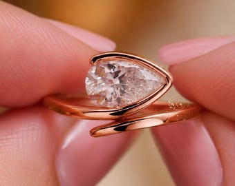 Pear Diamond Bypass Ring in 9K 14K 18K Gold | Rose Gold Bezel Ring | Modern Promise Gift for Her | Daily Wear