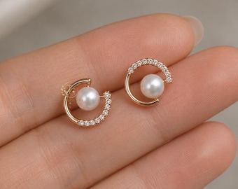 Pearl Diamond Open Hoop Earrings in 9K 14K 18K Gold | Dainty Circle Studs | Elegant Gift for Her | Daily Wear Stud