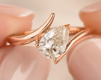 Pear Diamond Open Bypass Ring in 9K 14K 18K Gold | Rose Gold Wave Ring | Dainty Gift for Her | Daily Wear