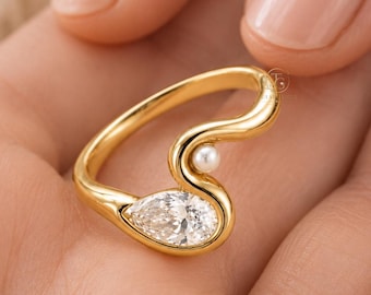 1 CTW Pear Round Diamond Ring in 9K 14K 18K Gold | Open Swirl Bypass Ring | Dainty Statement Gift for Her | Daily Wear