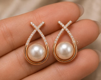 Pearl Diamond Drop Earrings in 9K 14K 18K Gold | Teardrop Pearl Stud Earrings | Elegant Bridal Gift for Her | Daily Wear