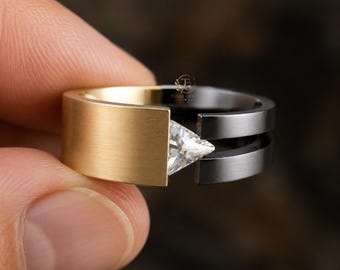 Modern Triangle Cut Lab Grown Diamond Ring in Two Tone Gold | Geometric Statement Ring | Minimal Luxury Jewelry | Gift For Him