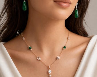 Necklace Earring Set in Gold | Green Drop Bridal Jewelry Set | Luxury Wedding Gift for Her Diamond Necklace Set | Green Drop Earrings