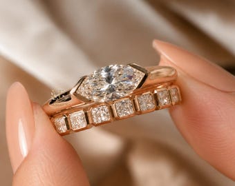 Marquise Diamond Bridal Ring Set in 9K 14K 18K Gold | Princess Cut Wedding Band | Rose Gold Stack Gift for Her | Daily Wear