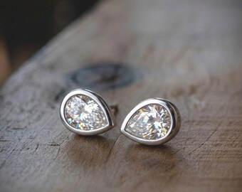 3.5 CTW Pear Cut Moissanite Stud Earrings, Sterling Silver, Bezel Setting, Teardrop Solitaire, Minimal Earrings, Gift for Her