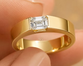 1.02 CTW Men’s Emerald Cut Lab Diamond Ring in Gold | Bezel Set Gents Wedding Band | Luxury Gift for Him | Gift for Him