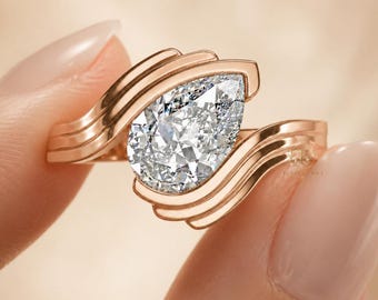 Pear Diamond Wave Ring in 9K 14K 18K Gold | Layered Rose Gold Ring | Modern Statement Gift for Her | Daily Wear