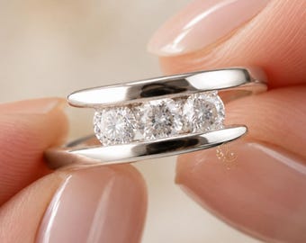 1.5 CTW Round Lab Diamond Ring in Gold | Three Stone Open Bypass Ring | Anniversary Gift for Her | Engagement Her | Daily Wear