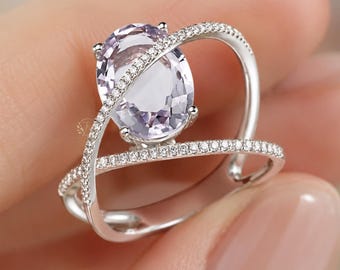 Oval Gemstone Ring with Lab Diamonds in Gold | Luxury Crossover Cocktail Ring | Statement Gift for Her | Wedding Ring