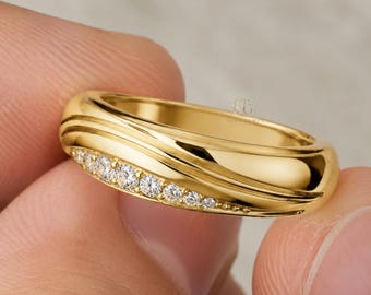 Men’s Curved Diamond Band Ring in 14K Gold | Modern Gents Pavé Ring | Minimal Luxury Wedding Band | Gift for Him