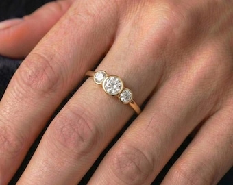 Three Stone Diamond Ring in Gold – Lab Grown Diamond Minimal Bar Ring, Dainty Everyday Jewelry, Gift for Women, Daily Wear
