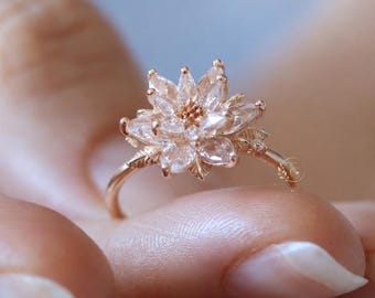 Marquise Floral Diamond Ring in 9K 14K 18K Gold | Lotus Flower Ring | Dainty Nature Inspired Gift | Engagement Her | Daily Wear