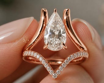 Pear Diamond Bypass Ring in 9K 14K 18K Gold | Rose Gold Pavé Band | Elegant Bridal Gift for Her | Daily Wear