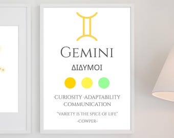Póster del zodiaco Géminis / Arte mural con símbolos astrológicos / Imprimible minimalista / Descarga digital