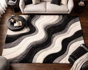 Modern Abstract Wave Rug Hand Tufted Wool Rug Black Gray Area Rug ...