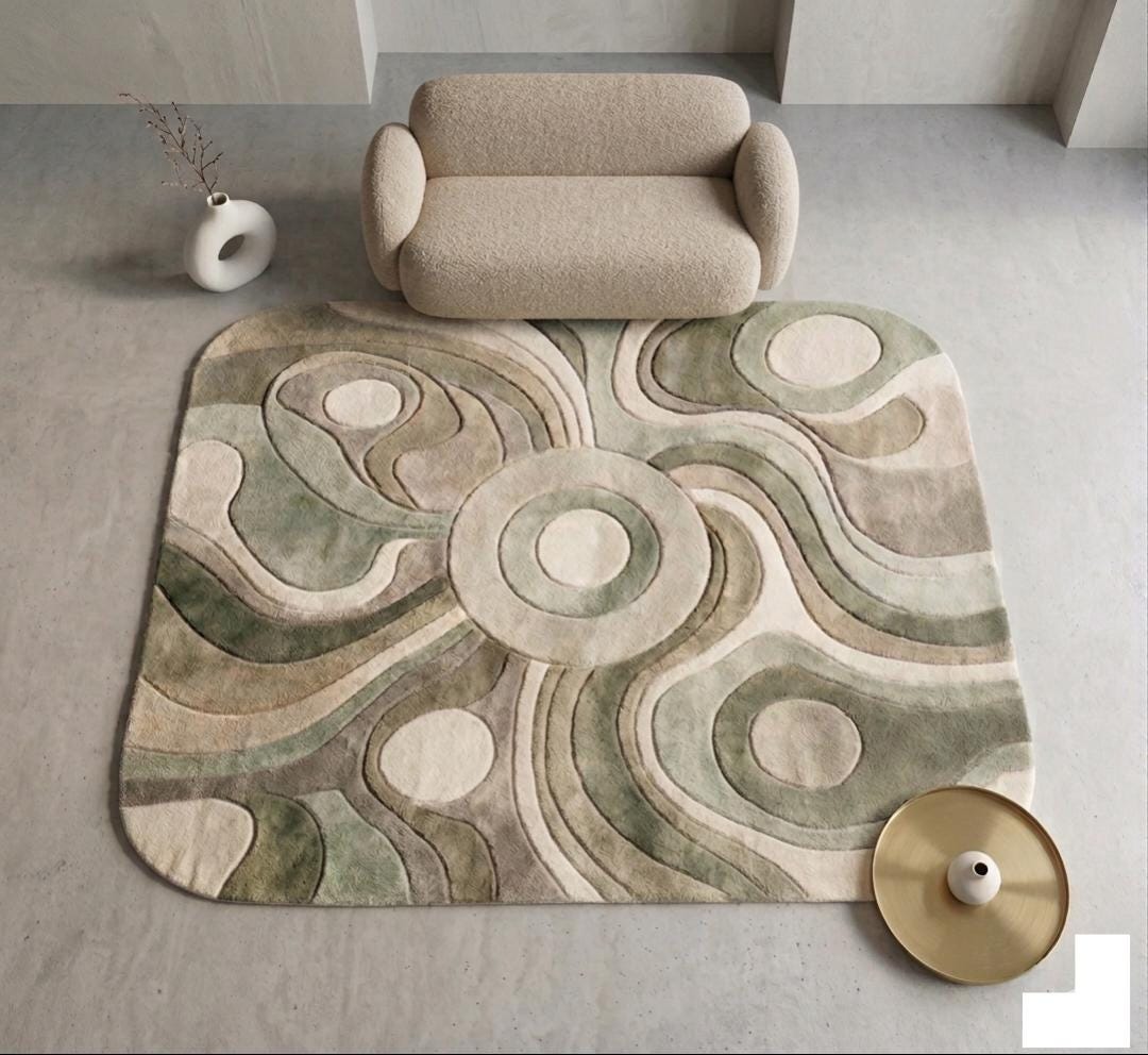 Patterned Green Rug Abstract Design Abstract Green Beige Hand Tufted Rug, Organic Modern Area Rug, Sculpted ...