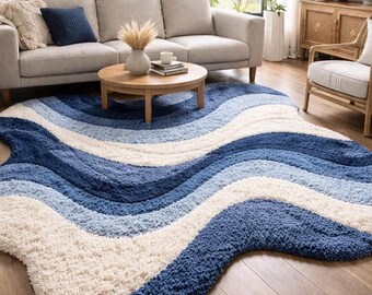 Hand Tufted Wool Rug, Blue Ivory Abstract Wave, Irregular Shape, Modern Wavy Carpet