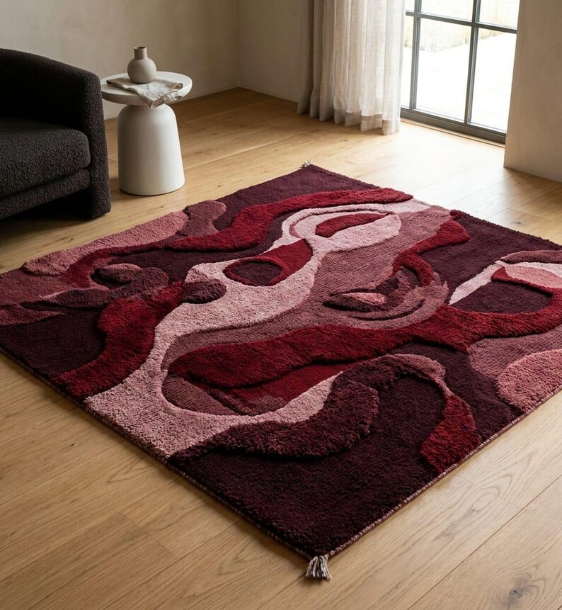 Red Tuft Rug Abstract Red Tufted Rug, Burgundy Pink Textured Fiber Art Carpet - Etsy