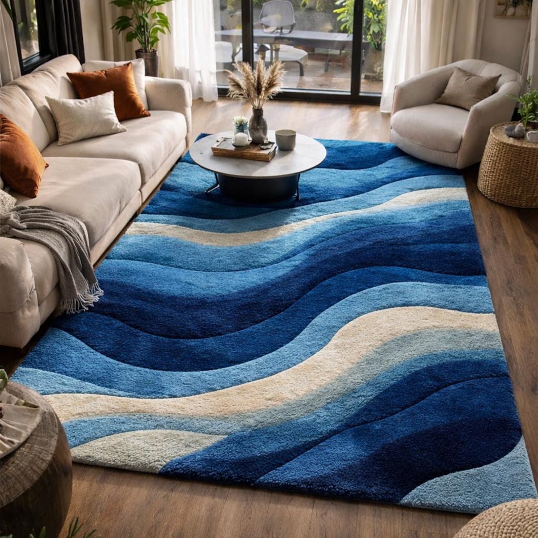 Blue Wave Area Rug, Modern Abstract Ocean Rug, Coastal Living Room ...