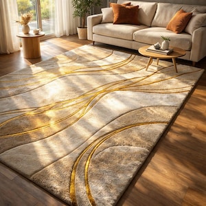 May include: A large, rectangular rug with a beige and gold abstract design. The rug features flowing, wave-like patterns in varying shades of beige and gold. The rug is placed on a wooden floor, with a sofa and coffee table in the background.