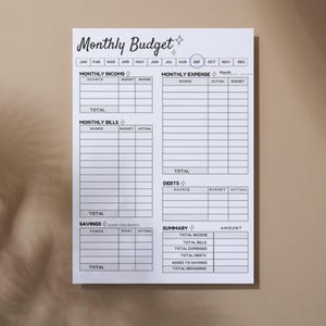 May include: A white, undated monthly budget planner with black text. The title "Monthly Budget" is at the top, with sections for income, expenses, bills, debts, savings, and a summary. The planner is on a light brown surface.