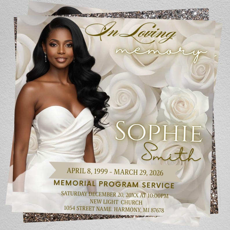 White Roses Funeral invite, Elegant Memorial Invitation Template, Instagram Square ( Editable Canva) image 2