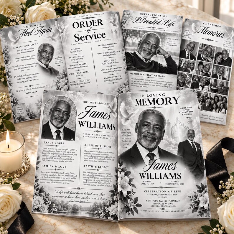 8 Page Elegant Obituary Funeral Program Template, Editable Canva ...