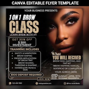 Brow Masterclass Flyer Template, Editable Eyebrow 1 on one Class Flyer, Training Certificate