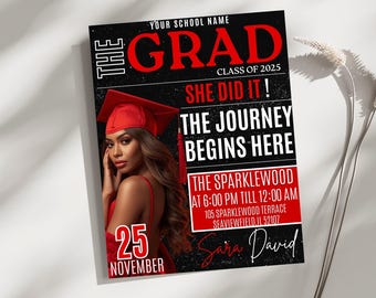 Magazine Style Graduation Invitation: Red DIY Flyer (Canva Editable)