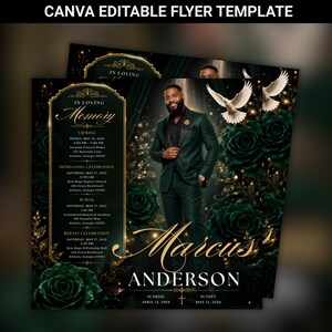 May include: A Canva editable funeral flyer template featuring a dark green and gold theme with deep green roses, flying white doves, and a central image of a person in a dark green suit. Text includes In Loving Memory, Marcus Anderson, and event details.