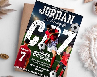 Invito di compleanno di Ronaldo: festa a tema calcio CR7, modello Canva modificabile (download immediato)