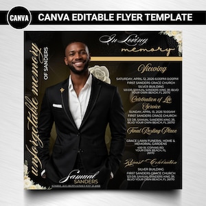 Black & Gold Funeral Invitation Template, Editable Memorial Flyer (Canva
