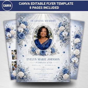 May include: A Canva editable funeral flyer template featuring 8 pages with blue and white floral accents. The design includes an oval photo frame, the text In Loving Memory, Evelyn Marie Johnson, A Celebration of Life, and service details.