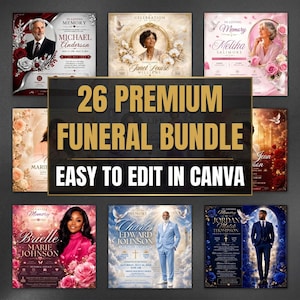 26 In Loving Memory Canva-mall Mega Bundle, redigerbart minnesprogram för begravning, inbjudan till minne av livet